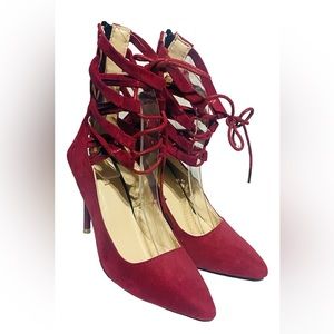 Deep Red High heels Pointed toe faux suede leather ankle straps sexy shoes sz 5